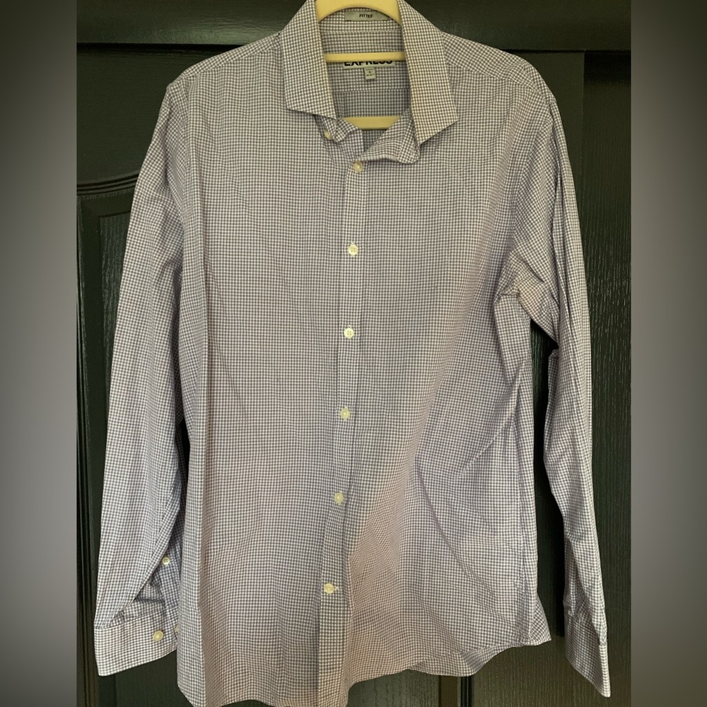 Express Fitted Dress Shirt Mens L Purple Gingham Button Down